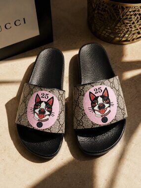 Designer Inspired Dog Print Slide Sandals Black Casual Summer Pool Slides Size 7